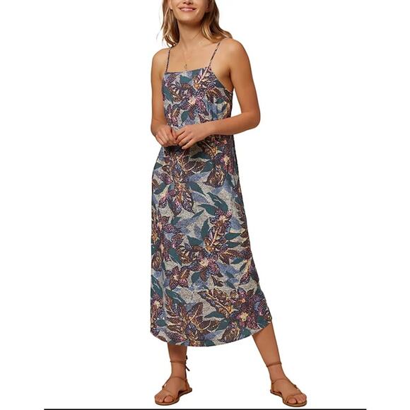 O’Neill Lexie Open Back Midi Dress Floral Print Square Neck Blue - Picture 1 of 10